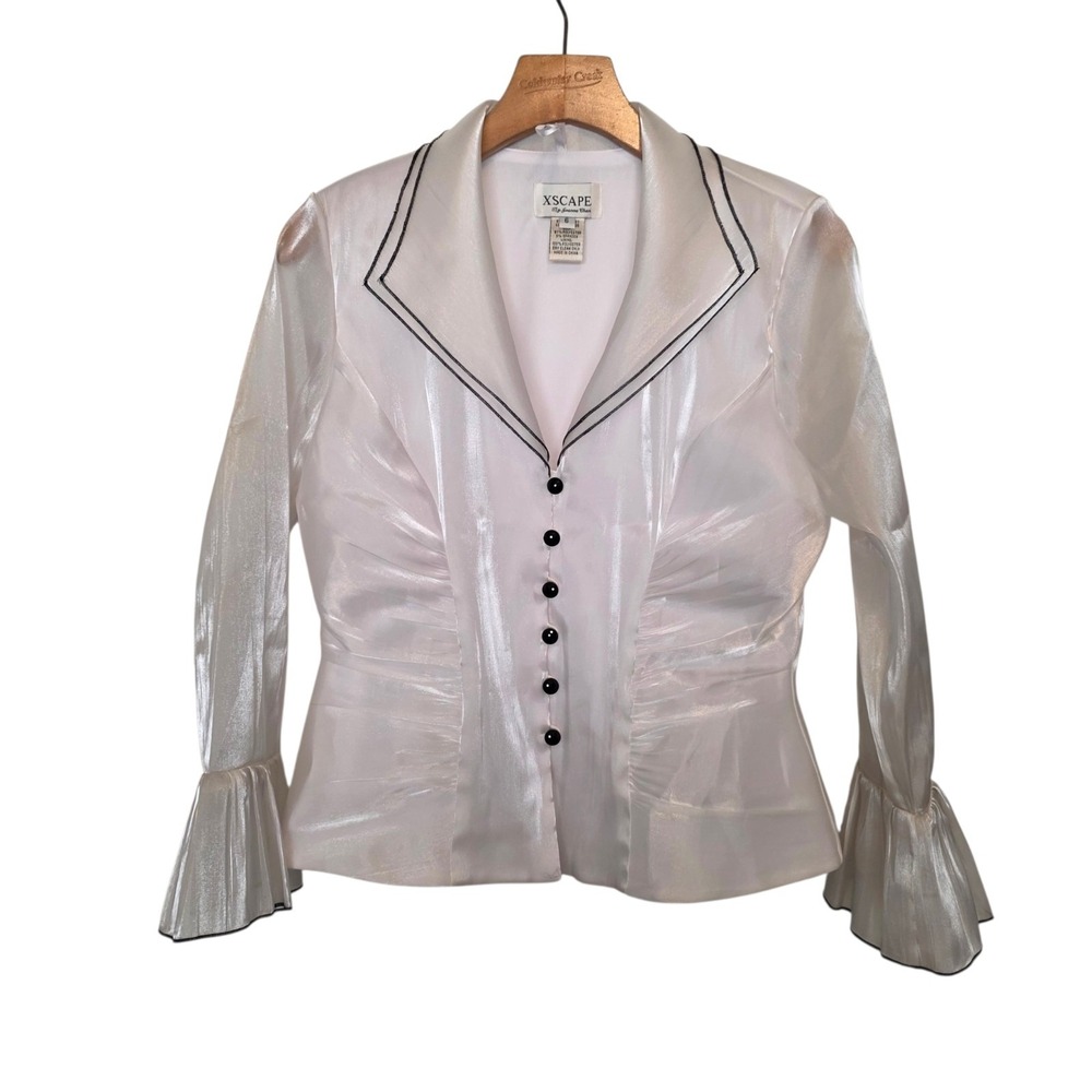 XSCAPE BY Joanna Chen Top Blouse Long Sleeve Shirt Size 6 White Black Accents